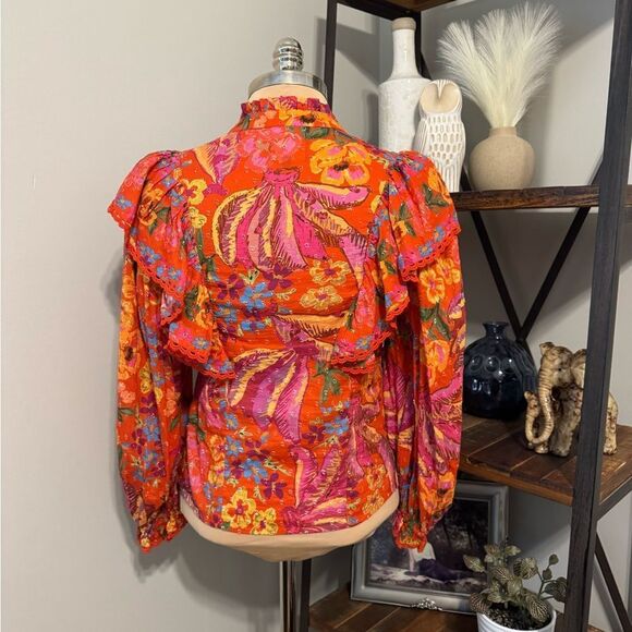 Farm Rio Red Spring Bananas Ruffle Blouse Women’s SIZE XS Red Floral - Picture 5 of 14